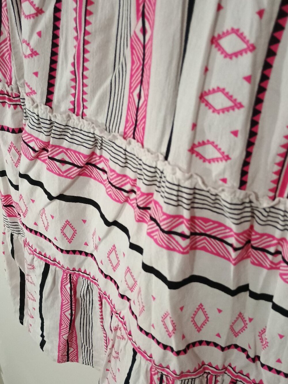Esmara Pink Black White Geometric Tiered Boho Mini Dress 3/4 Bell Sleeve L - Picture 4 of 8